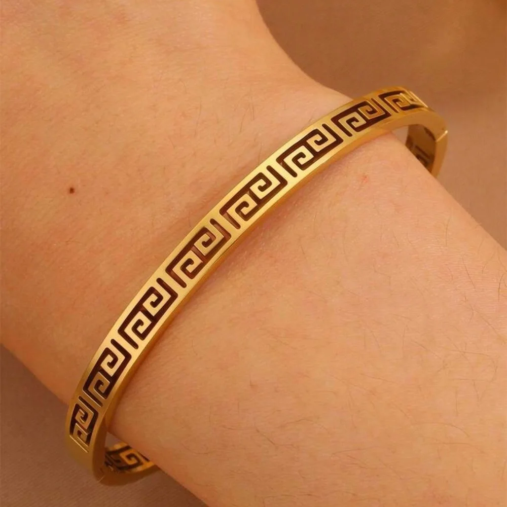 Gold Plated Stainless Steel Greek Key Bangle Bracelet Designer Style Cuff